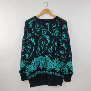 Vintage 90s Rinzi Metallic Teal Black Sweater Crewneck Scroll Leaf Motiff